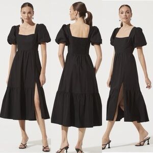 ASTR THE LABEL Tiered Poplin Square Neck Black Midi Dress Size Medium